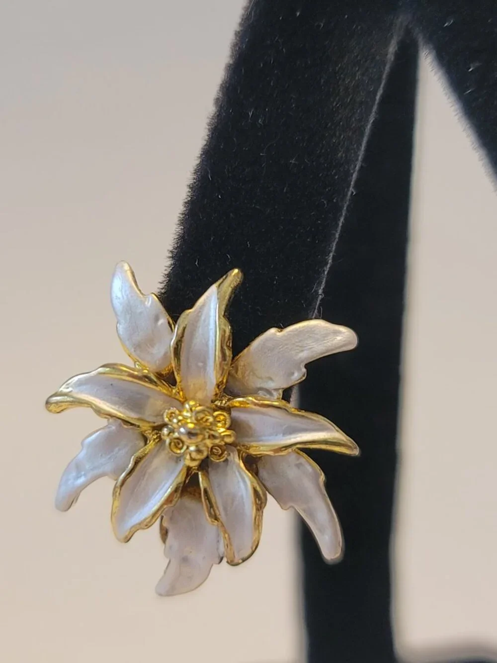Vintage Clip On Earrings Gold Tone with White Enamel Edelweiss Blossom Motif